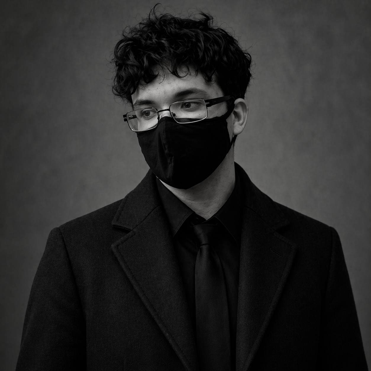 Black and white portrait of the Victor.V voice actor wearing glasses, a mask, and a dark suit
